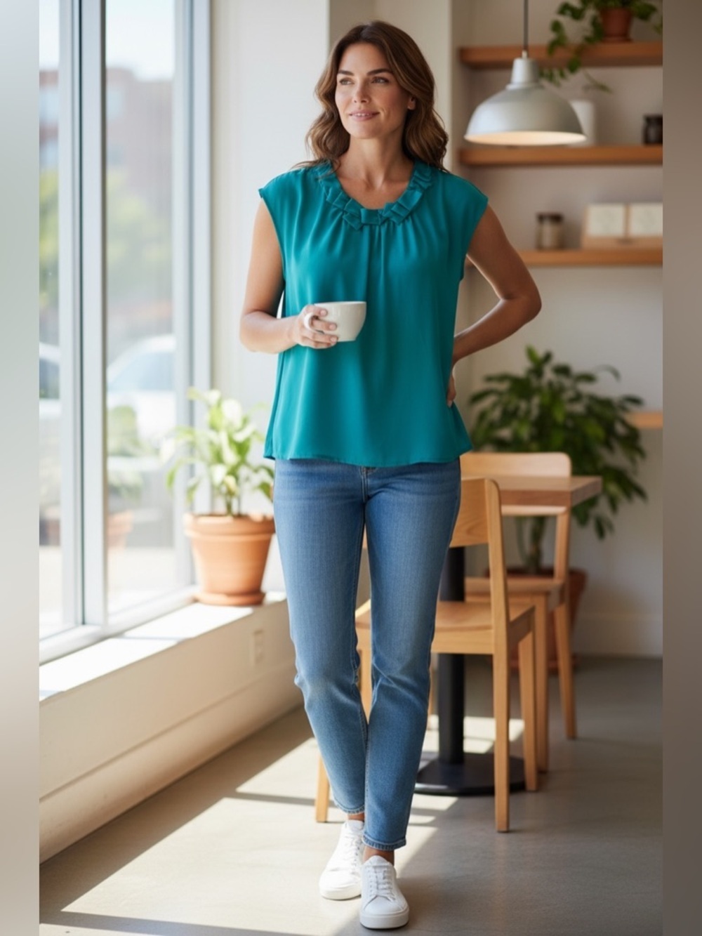 Windsmoor Elegant Sleeveless Turquoise Top with Flat Lay Loops-Size US 14